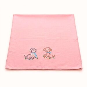 VTG MCM Cat Dog Embroidery Kitchen Tea Towel Dishcloth Linen Pink Puppy Kitten
